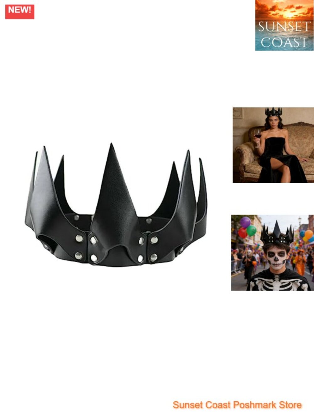 Gothic PU Leather Crown Headband Adjustable Halloween Costume Headdress